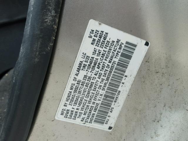 5FNRL38835B005731 - 2005 HONDA ODYSSEY TO SILVER photo 10