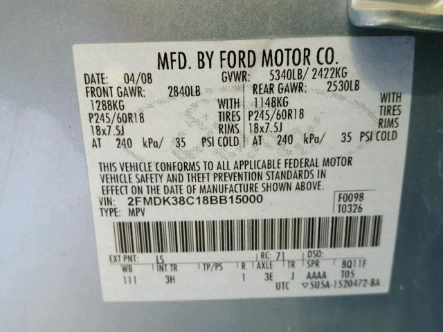 2FMDK38C18BB15000 - 2008 FORD EDGE SEL BLUE photo 10