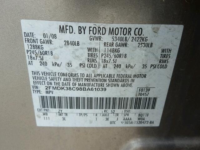 2FMDK38C98BA61039 - 2008 FORD EDGE SEL SILVER photo 10