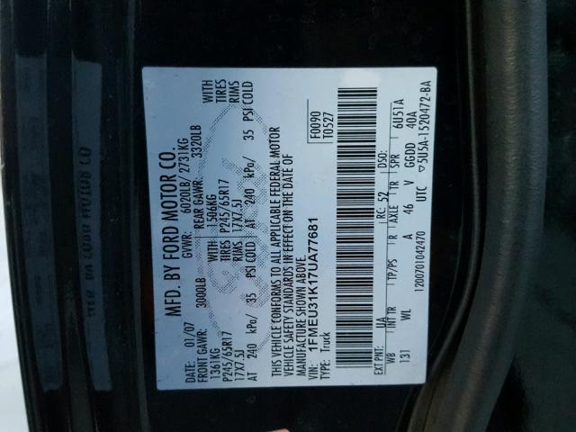 1FMEU31K17UA77681 - 2007 FORD EXPLORER S BLACK photo 10