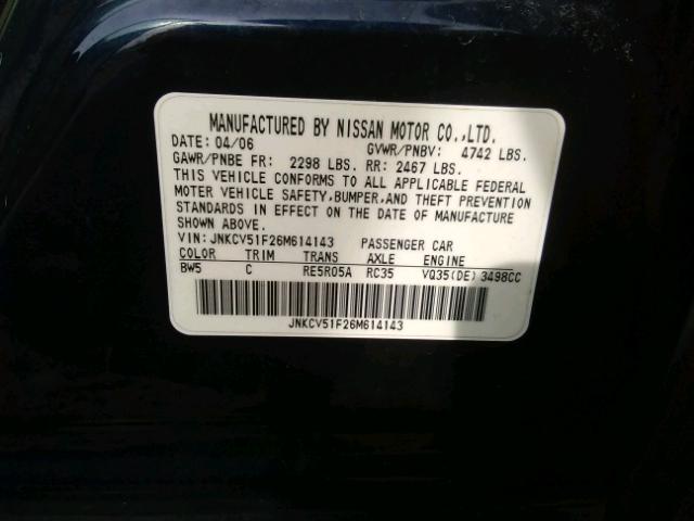 JNKCV51F26M614143 - 2006 INFINITI G35 BLUE photo 10