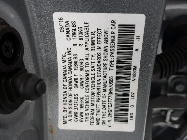 2HGFC2F77GH570666 - 2016 HONDA CIVIC EX GRAY photo 10