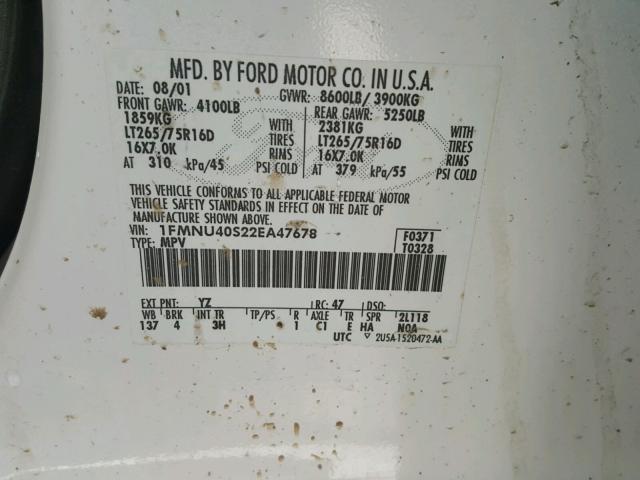 1FMNU40S22EA47678 - 2002 FORD EXCURSION WHITE photo 10