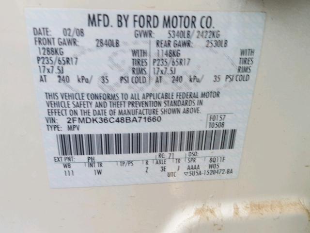 2FMDK36C48BA71660 - 2008 FORD EDGE SE WHITE photo 10