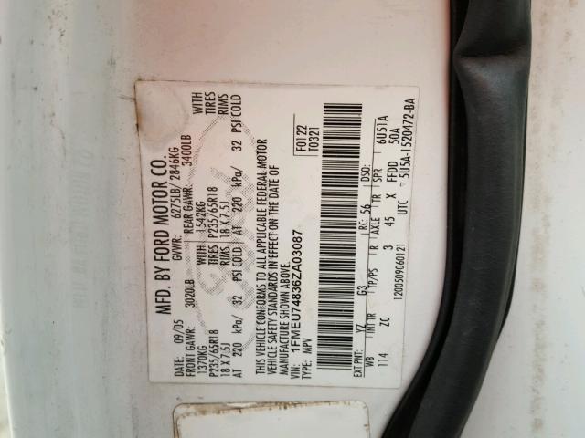 1FMEU74836ZA03087 - 2006 FORD EXPLORER E WHITE photo 10