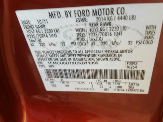 1FMCU0D7XCKB11099 - 2012 FORD ESCAPE XLT RED photo 10