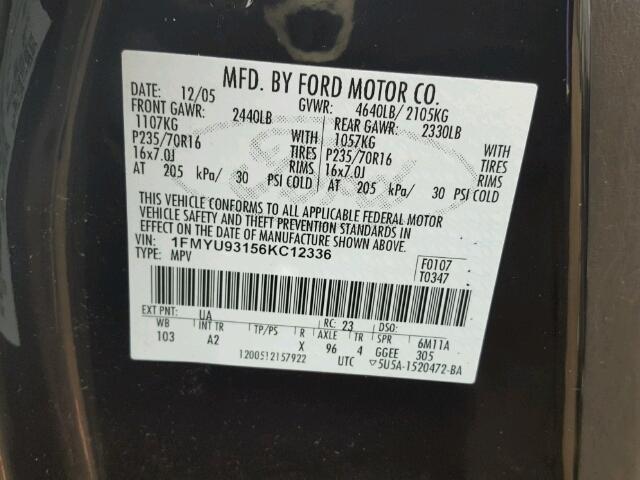 1FMYU93156KC12336 - 2006 FORD ESCAPE XLT BLACK photo 10