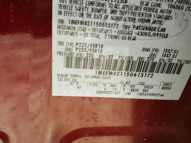 1MEFM42115G613172 - 2005 MERCURY MONTEGO PR 勃艮第红 照片 10