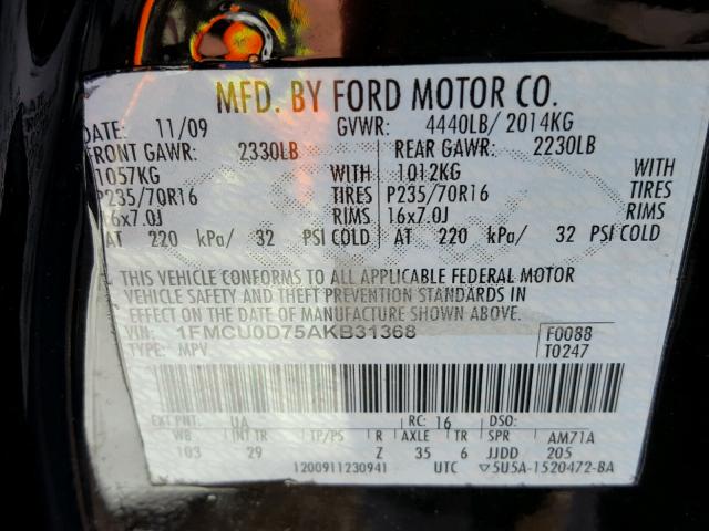 1FMCU0D75AKB31368 - 2010 FORD ESCAPE XLT BLACK photo 10