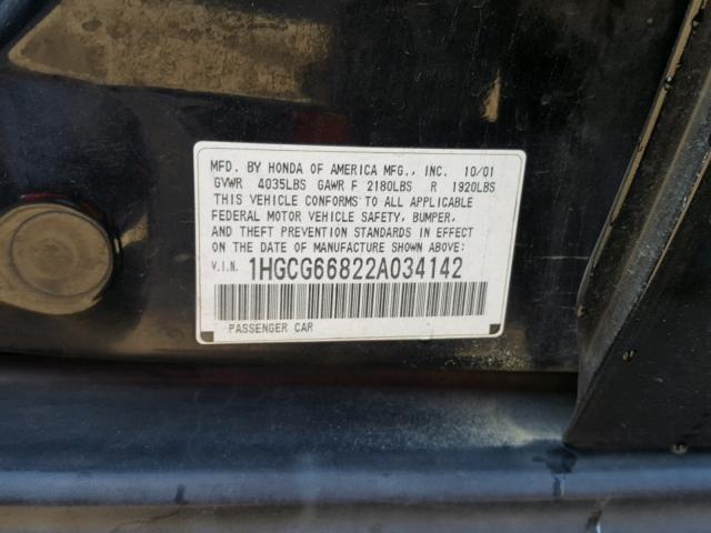 1HGCG66822A034142 - 2002 HONDA ACCORD EX BLACK photo 10