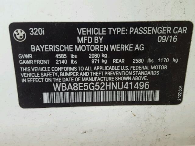 WBA8E5G52HNU41496 - 2017 BMW 320 XI WHITE photo 10