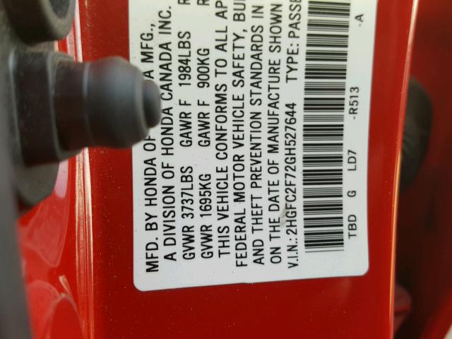 2HGFC2F72GH527644 - 2016 HONDA CIVIC EX წითელი ფოტო 10