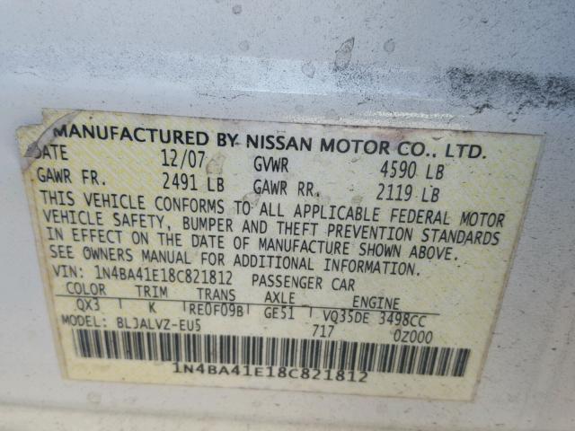 1N4BA41E18C821812 - 2008 NISSAN MAXIMA SE WHITE photo 10