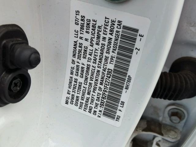19XFB2F91FE274393 - 2015 HONDA CIVIC EXL 白色 照片 10