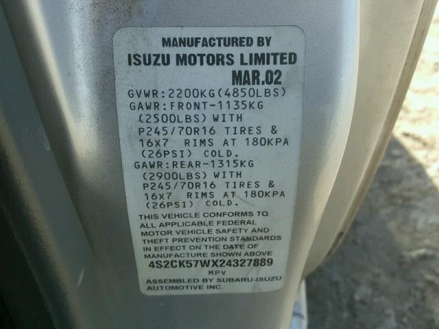 4S2CK57WX24327889 - 2002 ISUZU RODEO SPOR SILVER photo 10