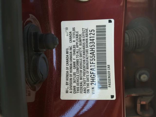 2HGFA1F55AH534125 - 2010 HONDA CIVIC LX RED photo 10