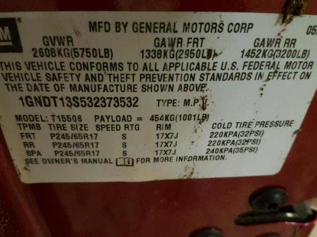 1GNDT13S532373532 - 2003 CHEVROLET TRAILBLAZE RED photo 10