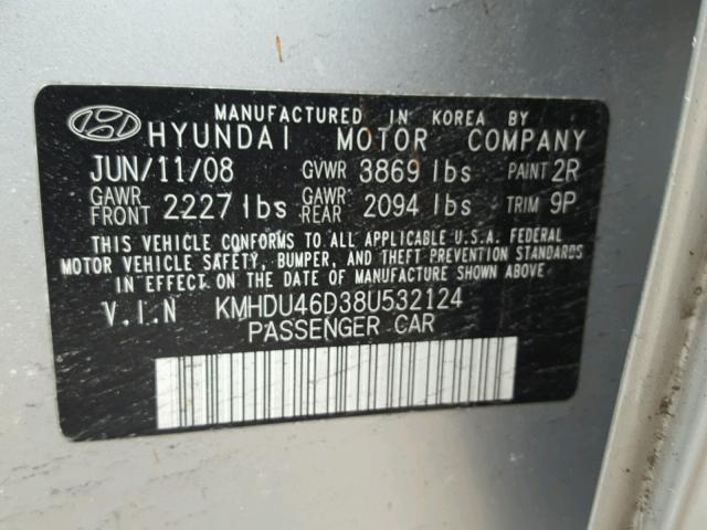 KMHDU46D38U532124 - 2008 HYUNDAI ELANTRA GL SILVER photo 10