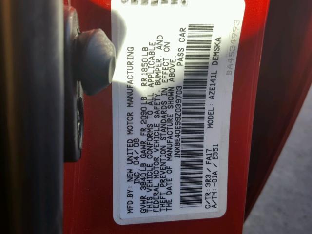 1NXBE40E99Z039703 - 2009 TOYOTA COROLLA XR 红色 照片 10