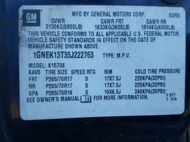 1GNEK13T35J222763 - 2005 CHEVROLET TAHOE K150 BLUE photo 10