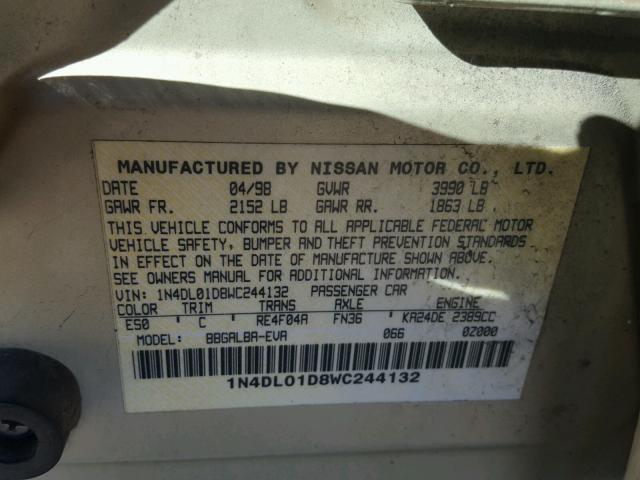 1N4DL01D8WC244132 - 1998 NISSAN ALTIMA XE GOLD photo 10