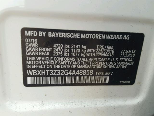 WBXHT3Z32G4A48858 - 2016 BMW X1 XDRIVE2 WHITE photo 10