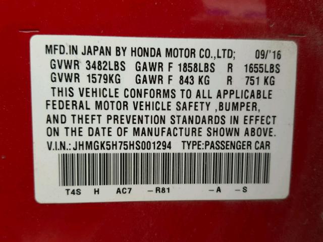 JHMGK5H75HS001294 - 2017 HONDA FIT EX RED photo 10