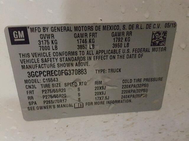 3GCPCREC0FG370883 - 2015 CHEVROLET SILVERADO WHITE photo 10