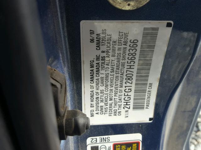 2HGFG12807H568366 - 2007 HONDA CIVIC EX ლურჯი ფოტო 10
