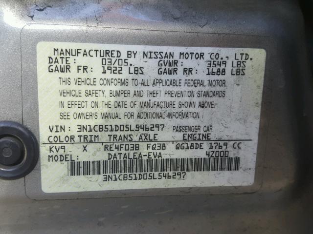 3N1CB51D05L546297 - 2005 NISSAN SENTRA 1.8 BEIGE photo 10