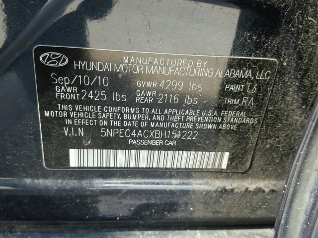 5NPEC4ACXBH151222 - 2011 HYUNDAI SONATA SE BLACK photo 10