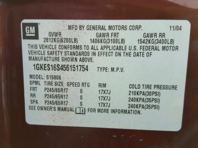 1GKES16S456151754 - 2005 GMC ENVOY XL BURGUNDY photo 10