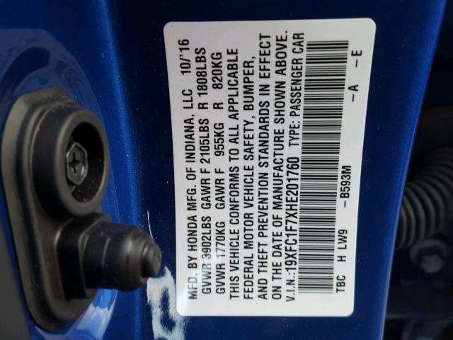 19XFC1F7XHE201760 - 2017 HONDA CIVIC EXL 蓝色 照片 10