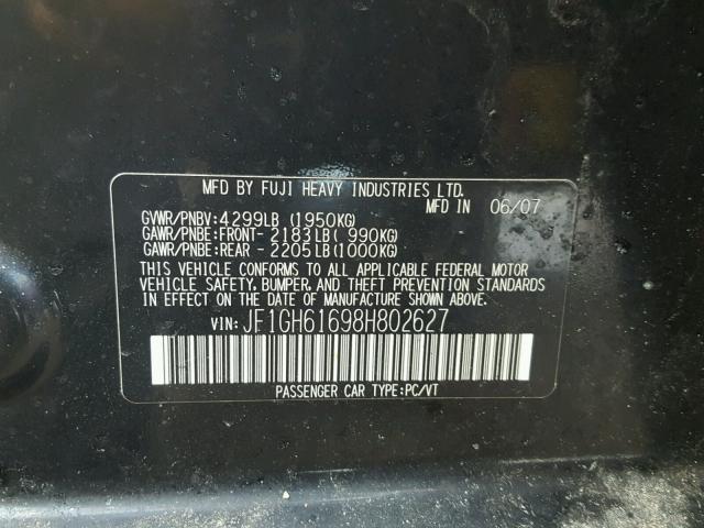 JF1GH61698H802627 - 2008 SUBARU IMPREZA 2. BLACK photo 10