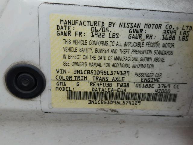 3N1CB51D95L574129 - 2005 NISSAN SENTRA 1.8 WHITE photo 10