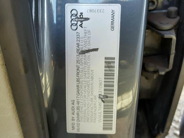 WAULT68E32A310807 - 2002 AUDI A4 3.0 QUA GRAY photo 10