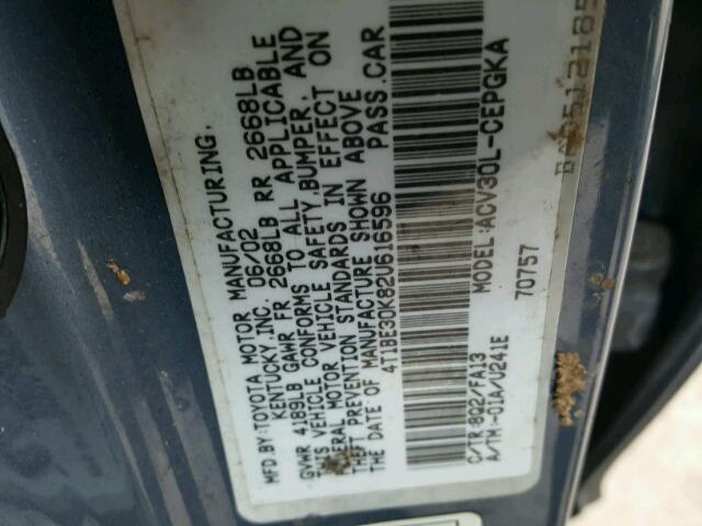 4T1BE30K82U616596 - 2002 TOYOTA CAMRY LE BLUE photo 10