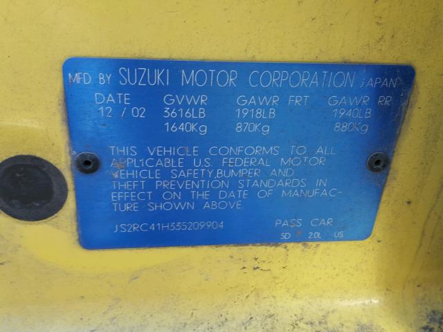 JS2RC41H335209904 - 2003 SUZUKI AERIO SX YELLOW photo 10