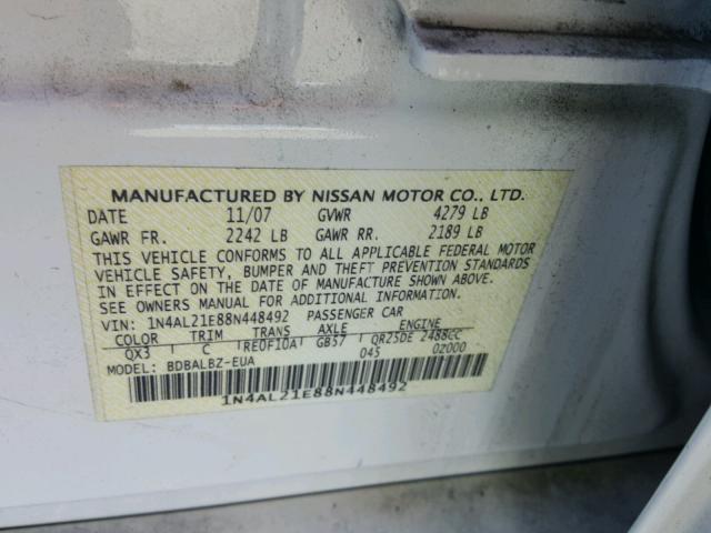 1N4AL21E88N448492 - 2008 NISSAN ALTIMA 2.5 WHITE photo 10