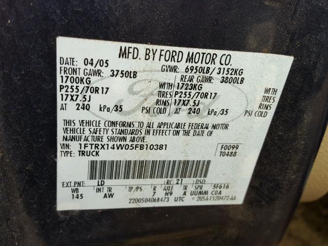 1FTRX14W05FB10381 - 2005 FORD F150 BLUE photo 10