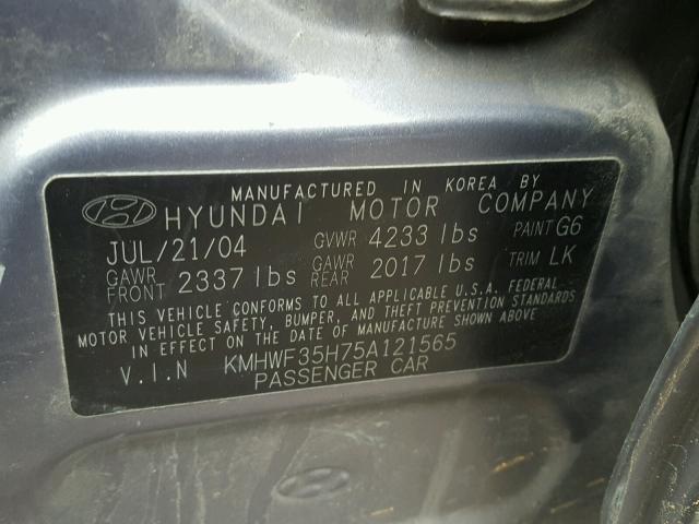 KMHWF35H75A121565 - 2005 HYUNDAI SONATA GLS GRAY photo 10