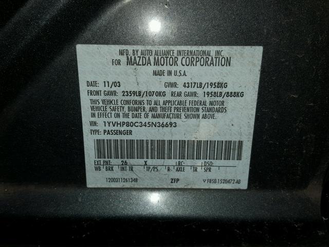 1YVHP80C345N36693 - 2004 MAZDA 6 I GRAY photo 10