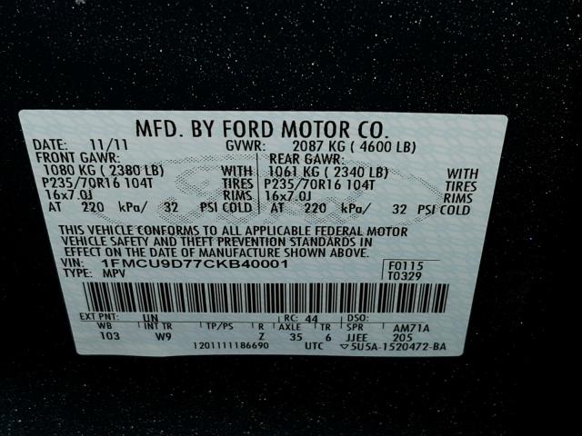 1FMCU9D77CKB40001 - 2012 FORD ESCAPE XLT BLUE photo 10