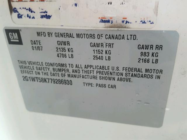 2G1WT58K779286930 - 2007 CHEVROLET IMPALA LT WHITE photo 10