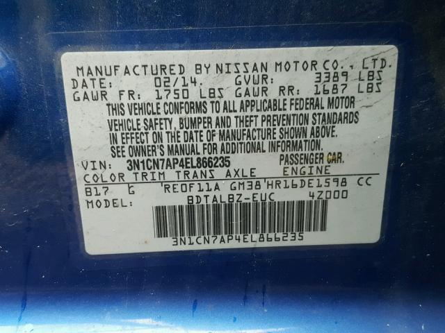 3N1CN7AP4EL866235 - 2014 NISSAN VERSA S BLUE photo 10