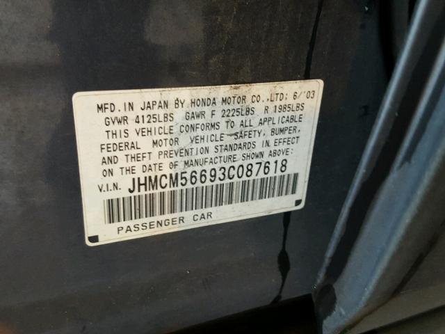 JHMCM56693C087618 - 2003 HONDA ACCORD EX GRAY photo 10