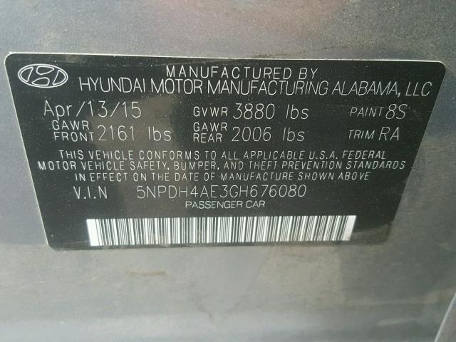 5NPDH4AE3GH676080 - 2016 HYUNDAI ELANTRA SE GRAY photo 10