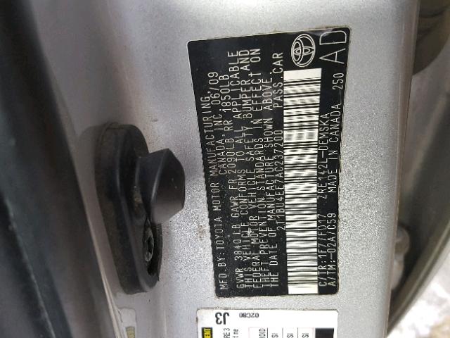 2T1BU4EE7AC237200 - 2010 TOYOTA COROLLA BA SILVER photo 10