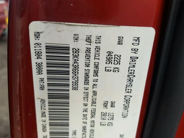 2B3KA43R66H379938 - 2006 DODGE CHARGER SE RED photo 10