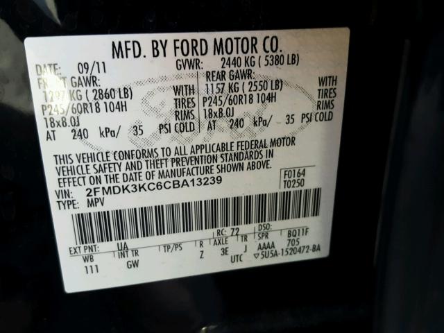 2FMDK3KC6CBA13239 - 2012 FORD EDGE LIMIT BLACK photo 10